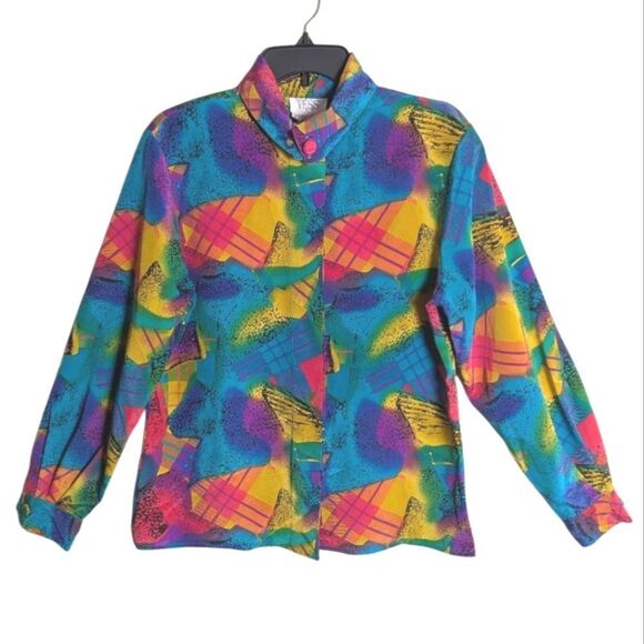 Vintage 90s Tess Bright Multicolor Abstract Blouse Button Down Top Womens 10 M - Picture 1 of 8